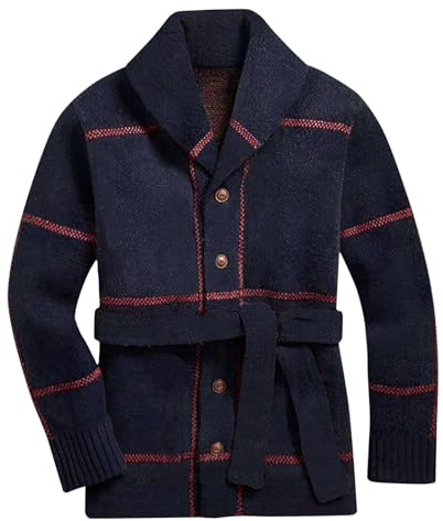 Rrongwn Cardigan da uomo, lungo, slim fit, elegante giacca tradizionale con cintura, maglione a V, maglia fine, maglione, cardigan, maglione, maglione da lavoro, maglione, comodi e traspiranti, Blu