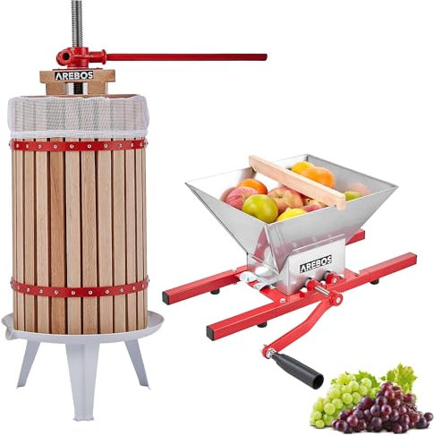 Arebos Obstpresse 30L und Obstmühle 7L| Manuelle Saftpresse I Beerenpresse inkl. Presstuch, Druckplatte und Metallspindel I Für jegliche Arten von Saft & Gemüse