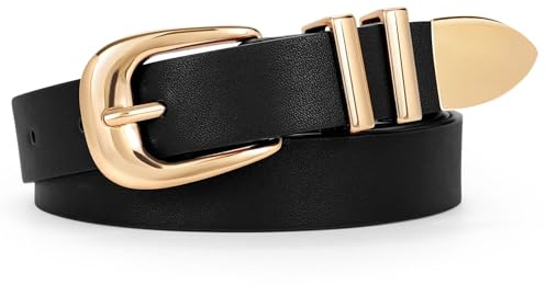 WERFORU Damläderbälte i läder, modernt läderbälte för byxor och jeans, damvästerländska tunt bälte med guld/silverspänne, A-svart, Passend für Taillengröße 93-104cm