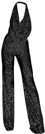 Byxdress dam, festlig, elegant glitter, jumpsuit dam, elegant glitter, mysig bodycon halterneck playsuit ärmlös, sexig aftonklänning, elegant overall, paljetter, byxor, glittrande, svart, S