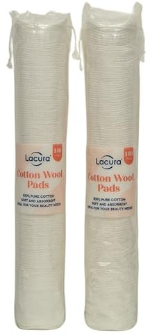 Lacura Pure Cotton Wool Pads 2 x 140, 100% Cotton, Non-Shedding, for Make-up Removal, Face, Nails – Soft, Absorbent, Ideal for Skincare and Beauty Routines