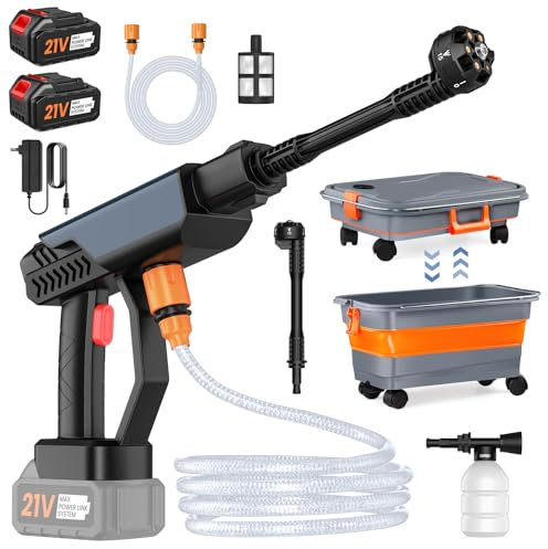 Hidrolimpiadora Bateria, 30 Bar Pistola de Agua a Presión con Cubo Plegable de 22L, 2 Baterías de 3,0 Ah, Boquilla 6 en 1, Hidrolimpiadora Portátil para Coche y Jardín