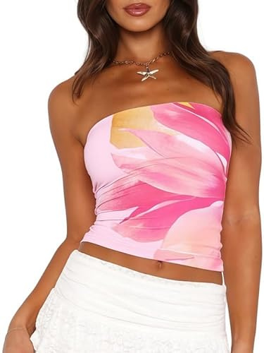 Sukiglam Crop Tops Dam Axelbandslös Tube Toppar Elegant Blommönster Sommar Sexig Ärmlös Tank Y2k T-shirt Utdragbar Skjorta Axelbandslös Avslappnad Backless Blusar, Rosa blomma, S