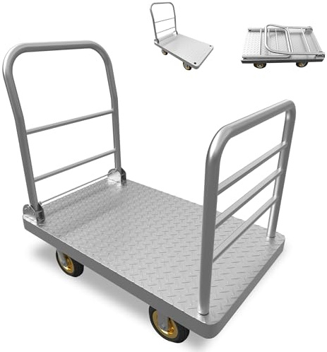 2IN1 Heavy Duty Platform Truck with Detachable Guardrail | 1200kg Capacity 121×60CM Trolley w/Swivel Casters, Industrial Push Cart for Warehouse, Workshop, Sack Transport