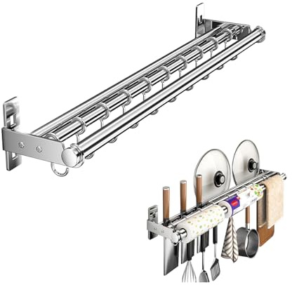 Hanging Wall Mount knife Wall Mount, Kitchen Organizer Storage Shelf for Utensils Spatula Spoon, Space-Saving Knife Rack with Hooks,Wall-Mounted Utensil Holder (Silver, 40CM+Three Poles+6Hooks)