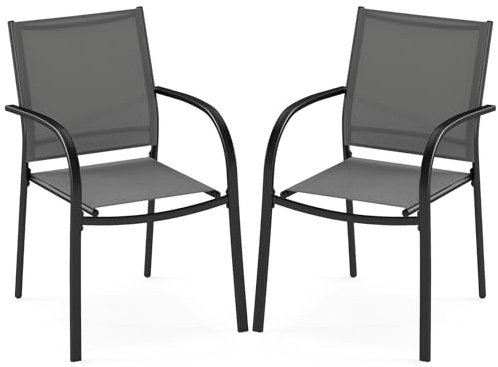 COSTWAY 2 Sillas Jardin Exterior Textilene, Sillas de Comedor Apilables, Marco de Metal, Terraza Balcon Exterior 61 x 58 x 85 cm, Carga 150kg, Café