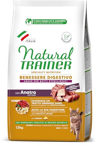 Natural Trainer Cibo per Gatti Adulti Benessere Digestivo con Anatra - No Gluten & Monoproteico - 1,5kg