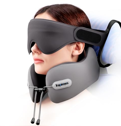 Almohada de cuello Inspireyes, almohada de viaje con correa para el asiento, máscara de dormir 3D, soporte doble para cuello y cabeza, almohada de avión de espuma altamente soporte para vuelos largos