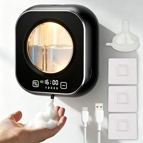 Dispenser di sapone automatico da 320 ml, montaggio a parete, con sensore, USB-C, erogatore di sapone elettrico con orologio, adatto per bagno, cucina e ufficio