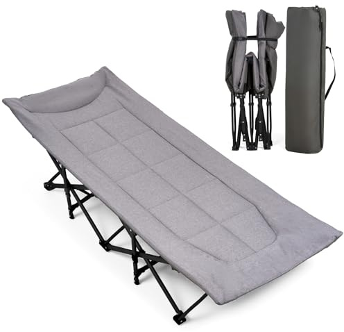 The Fellie Camping Cot for Adults, 28 Extra Wide Padded Folding Camping Beds, Oversized Camp Bed with Cushion and Pillow, Comfortable Travel Camp Cot Supports 600 lbs for Outdoor Office Nap, Grey