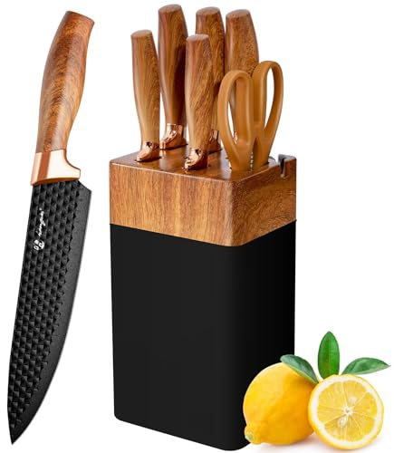 aonasuo Bloc de Couteaux de Cuisine 6 Pièces avec Aiguiseur Intégré, Set de Couteaux en Acier Inoxydable Professionnel Comprenant Couteau de Chef, Pain, Utilitaire, à Fileter et d'Office