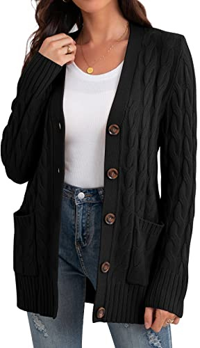 GRECERELLE Women's Knit Long Cardigans Jumpers Cardigan with Pockets with Buttons Ladies Loose Long Sleeve Knitwear Oversized Sweater Cardigan for Autumn Winter Spring (Black, L)