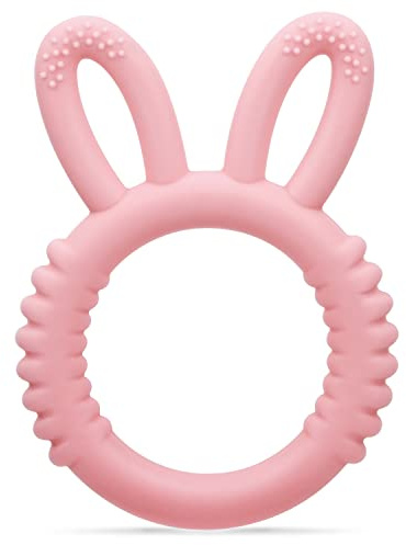 MISSLILI Silicone Babies Teethers Baby Teething Toys for Soothe Massage Sore Gums for 3-12 Months Infants, BPA Free, Easter Gifts for Boys and Girls, Ring Shape Rabbit Ear Design (Pink)