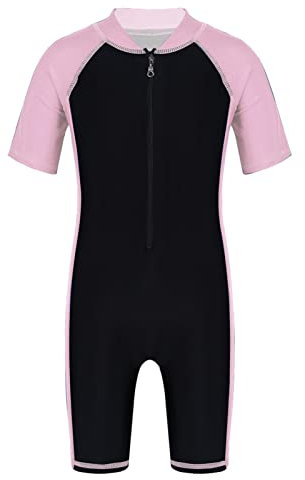 iEFiEL Kinder Mädchen Jungen Einteiliger Badeanzug mit Reißverschluss Kurzarm Schwimmanzug Schnelltrocknend Rash Guard mit Badekappe Rosa + Schwarz 158-164