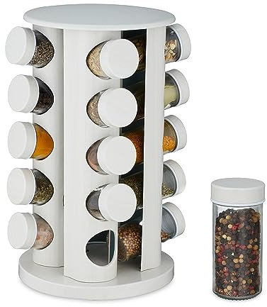 Relaxdays Portaspezie da Cucina, 20 Barattoli, Fori Spargispezie, Girevole a 360°, HxD: 33,5x19cm, Effetto Legno, Bianco, Acciaio Inox