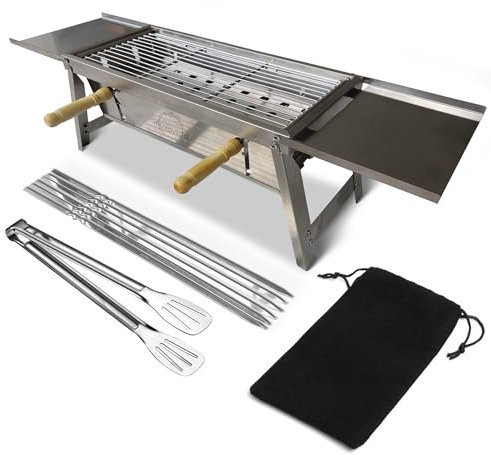 Muxavida Barbacoa Portátil para Carbón, Kit completo Parrilla Portátil Plegable para Camping de acero inoxidable, bbq para Jardín y Terraza.