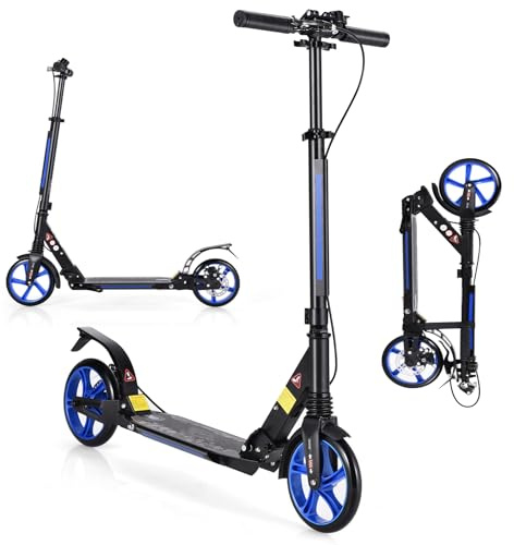 KOMFOTTEU Patinete Plegable de 2 Ruedas con Freno | Scooter con 3 Alturas Regulables, Patinete Infantil con Carga 100 kg, Monopatín con Timbre y Correa, para Niños 8+ y Adultos