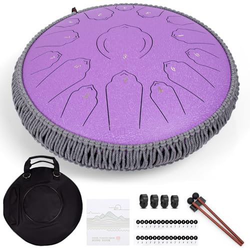 AMKOSKR Tambor de lengua de acero, 14 pulgadas, 35 cm, acero tongue, C mayor de 15 notas, tambor de mano con baquetas, bolsa de transporte, color morado