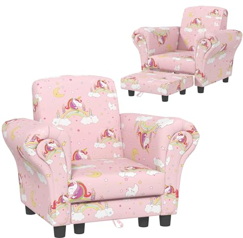 AIYAPLAY Kids Armchair with Stool, 2 Piece Kids Sofa Set with Cloud Design, Wooden Frame, Upholstered Chair for Bedroom, Playroom, Nursery, for 1.5-3 Years Old, Pink