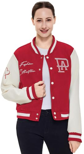 feitycom Veste universitaire en cuir synthétique pour femme, coupe ajustée, décontractée, légère, Rouge, L