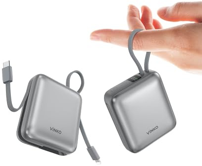 VINKO Mini Power Bank 10,000mAh Fast Charging 22.5W Small Portable Charger with Built-In 2 Cable,Battery Pack For iPhone 16/16 Plus/16 Pro/16 Pro Max/15 Series, Galaxy, Android Phone and More- Gray