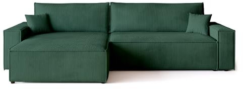 BROMARKT Sofa mit Schlaffunktion Couch L Cordstoff Sofa Bettkasten Schlafsofa für Wohnzimmer Ecksofa freistehend Adi XL Relaxsofa 3 sitzer 272x143x85 cm Grün