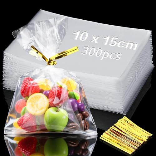 Mbsomnus 300 st. cellofanpåsar 15 × 10 cm kakpåsar transparent | Cellofanpåsar, genomskinliga påsar små, godispåsar, presentpåsar, med band för bröd, choklad, jul