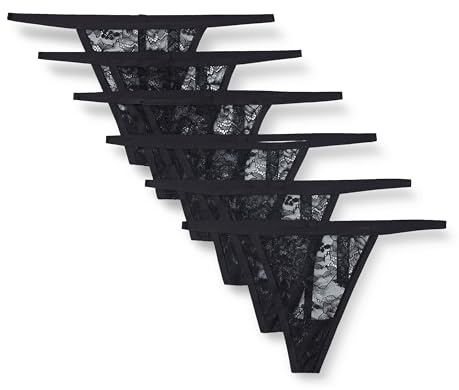 Amazon Essentials Perizoma G-string in Pizzo Elasticizzato Donna, Pacco da 6, Nero, 46