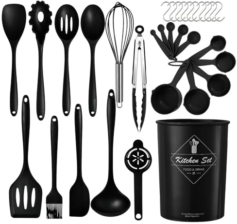 Juego de utensilios de cocina de silicona (32 piezas) con mango de acero inoxidable resistentes al calor y antiadherentes con soporte para utensilios aptos para lavavajillas color negro (sin BPA)