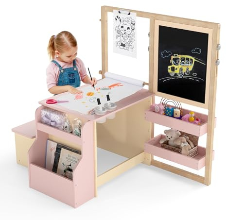 Maxmass Kids Art Table and Bench Set, 3-in-1 Children Drawing Table with Height Adjustable Double Sided Art Easel, Bookshelf & Rich Accessories, Toddler Activity Table for Boys Girls (Pink)