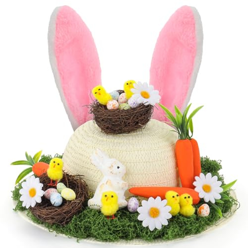 Catephe Set di cappelli pasquali fai da te per bambini, per creare il tuo cappello per decorazione pasquale con pulcini, coniglietti, carote, uova, nidi