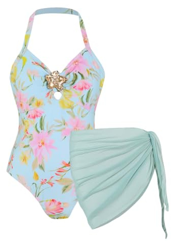 Xumplo Teen Swim Cotume for Girls Halter Swimwear with Cover Up Skirt Casual Beach Bathing Suit for Summer Holiday (Blue,12T)
