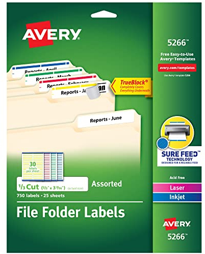 Avery TrueBlock File Folder Labels, 2/3 x 3-7/16, 750 Printable Labels, Assorted Colors, Permanent (5266)