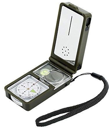 OFKPO 10 en 1 Multifunción Profesional Brújula para Acampada, Senderismo, Camping y otras Actividades al Aire Libre (10 en 1 - Termómetro, Higrómetro, Nivel, Espejo, Regla, LED, Silbato