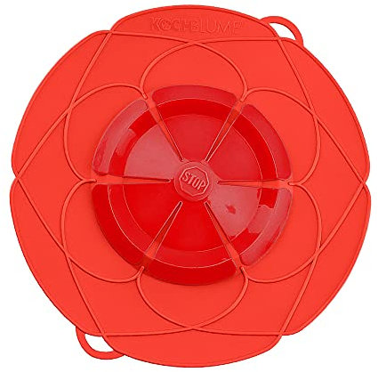Kochblume das Original, Silikon Überkochschutz für Töpfe und Pfannen, Mikrowellen-Deckel, Spritzschutz und Dampfgar-Aufsatz | (rot, XL | Topfgröße 20-28cm)