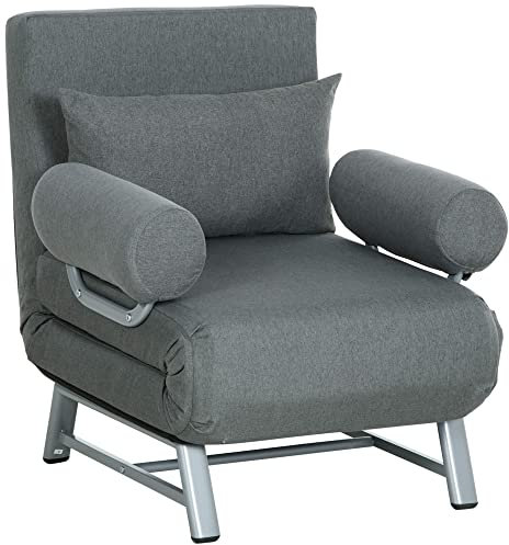 HOMCOM Fauteuil chauffeuse canapé-lit Convertible inclinable 1 Place Grand Confort Coussin lombaires accoudoirs piètement métal Lin Gris Foncé
