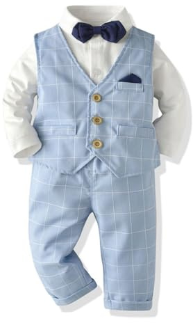 Volunboy Trajes para Bebé Niños de Boda, Bautizo Conjunto de Chaleco, Camisa, Pantalón, Pajarita（9-12 Meses，Azul Cuadros，Tamaño 70）