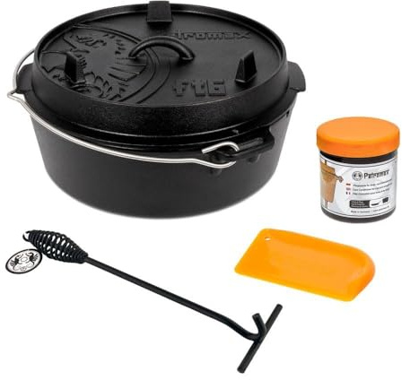 Petromax Feuertopf ft6t Einsteiger-Set - Dutch Oven mit planem Boden inklusive Deckelheber, Pflegepaste und Schaber - für alle Grillarten und offenes Feuer - 5,5 Liter