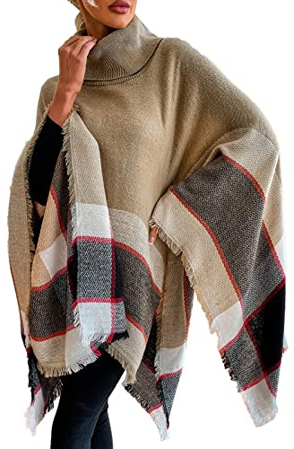 IQYU Poncho dam vinter polotröja stickad poncho koftor mjuk kashmir vinterponcho rutig poncho elegant filt halsduk bomull vinterhalsduk loop halsduk stickad tröja kappa, Z-kaki, M
