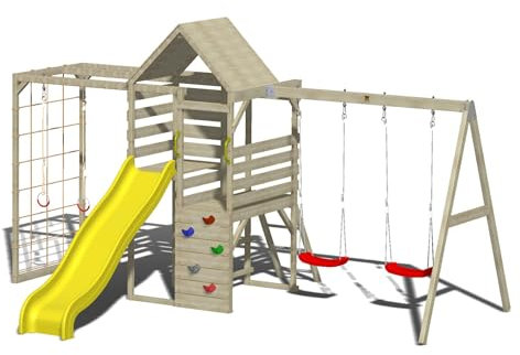 Wendi Toys M42 Deluxe gung- och klätterset för barn, utomhus, trä, lekplats med lektorn, gym och rutschkana, premium trä, 390 x 340 x 250 cm, säker, enkel montering från 3 år
