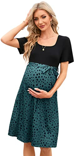 Yesfashion Elegante abito premaman da donna, con colletto quadrato, abito da allattamento con cintura, abito estivo per gravidanza, verde, L
