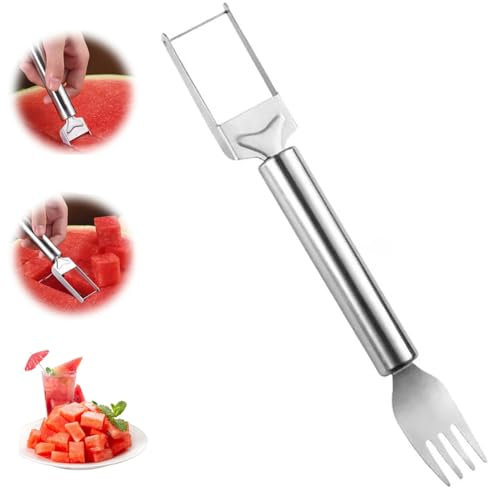 HOIDOKLY Coupe-fruits 2 en 1 en acier inoxydable 2025 Outil de coupe de pastèque améliorée, fourchette à fruits à double tête (1 pièce)