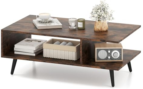 GIANTEX Mesa de Centro de 2 Niveles, Mesita de Madera con Espacio de Almacenamiento, 80 x 45 x 30 cm, Patas Metálicas con Almohadillas Antideslizantes, Mesa Rectangular para Salón, Oficina (Marrón)