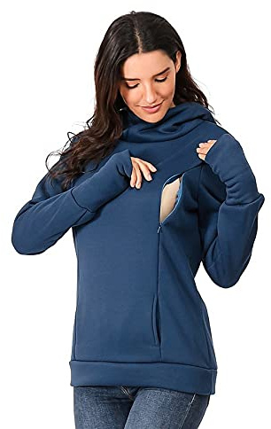 Duohropke Sudadera de Lactancia para Mujer de Manga Larga con Cuello Redondo, Sudadera para Embarazadas de Invierno con Capucha y Bolsillos, Sudadera de Amamantar de Dos Capas para Embarazo, Sudadera