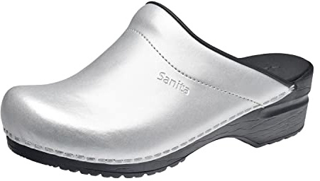 Sanita | Sonja PU öppna tofflor | Original handgjorda | flexibla lädertofflor för kvinnor, silver, 37 EU