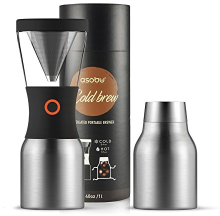 Asobu Unisex Coldbrew tragbare Kaltbrüh-Kaffeemaschine mit einer vakuumisolierten 1 l Edelstahl-Trinkflasche, mehrfarbig, Silber