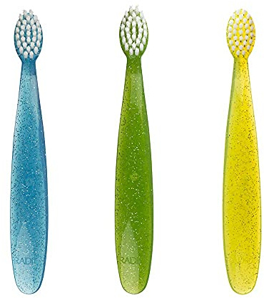 RADIUS Children's Toothbrush, Totz Brush, Extra Soft Bristles, Blue/Green/Yellow, BPA Free & ADA Accepted, Designed for Delicate Teeth & Gums for Children 18 Months & Up, Pack of 3