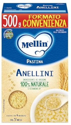 Mellin, Anellini Pastina a base di Farina di Grano Tenero e con Vitamina B1, per Bambini dal 5° Mese Compiuto - Confezione da 500 grammi