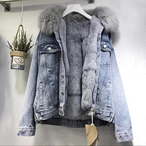 ZXCL Ropa de Invierno de Las Mujeres algodón Vintage Grueso Abrigo de Mezclilla cálido Mujer Chaqueta de Mezclilla granizada Collar de Piel Suelta más Terciopelo Jean Parkas-Light Blue,L