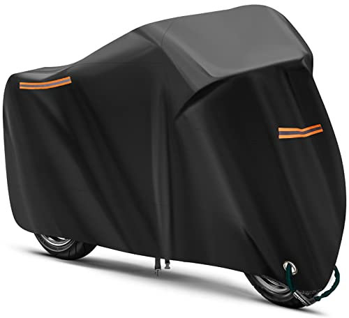 URAQT Motorrad Abdeckplane Outdoor,Motorradabdeckung Winterfest Wasserdicht XXL 210T Anti UV Staubregen Reißfest mit Loch für Diebstahlsicherung und Winddichtes Schnallendesign 245x105x125CM